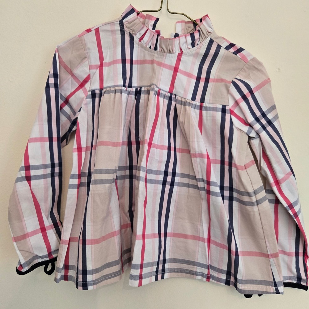 Bella Bliss Girls Pink Navy Plaid Ruffle Neck Babydoll Blouse Velvet Ties Size 6